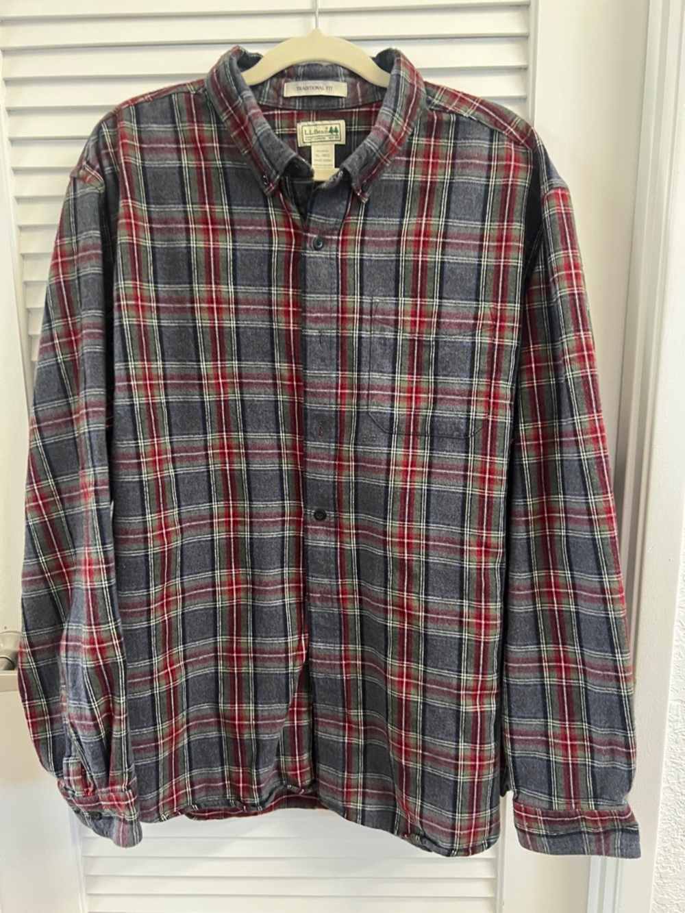 L.L. Bean Red and Gray Plaid Button-Down Flannel Shirt